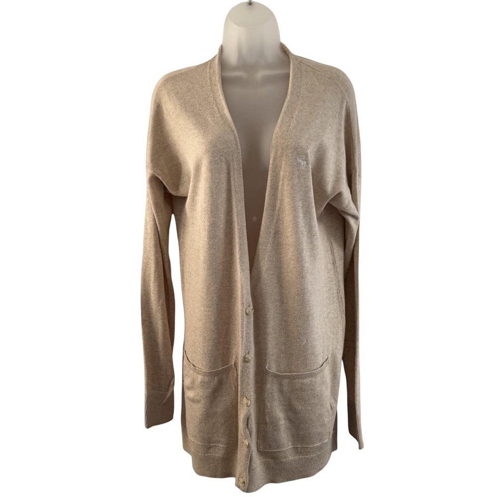 Abercrombie & Fitch Cardigan Womens Medium Beige Longline Pockets Logo Y2K Layer